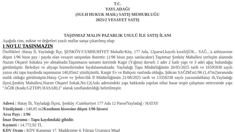 Arsa/Arazi - HATAY YAYLADAĞI - 140,85 m²