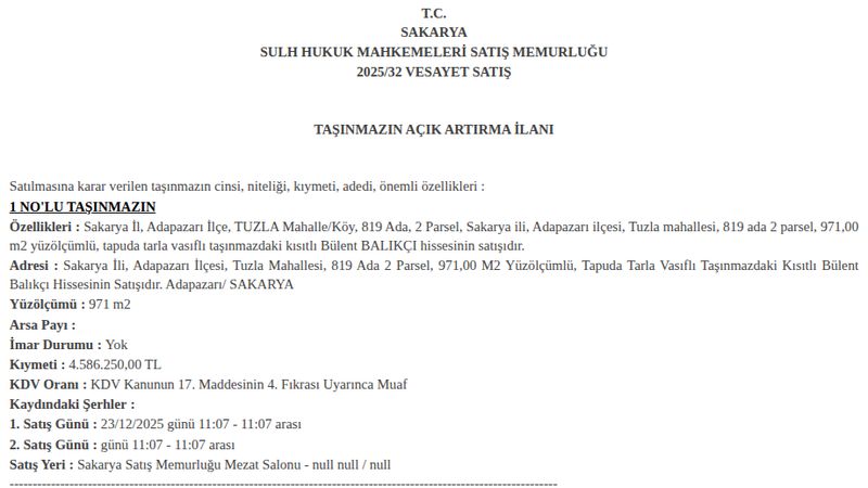 Arsa/Arazi - SAKARYA ADAPAZARI - 971 m²