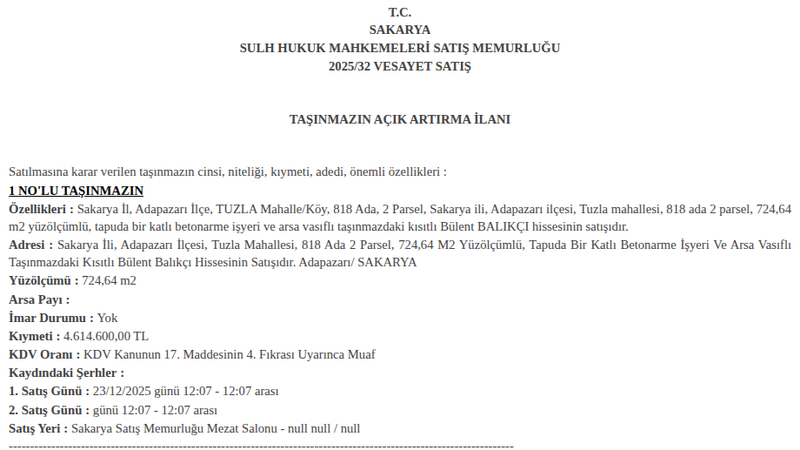 Arsa/Arazi - SAKARYA ADAPAZARI - 724,64 m²