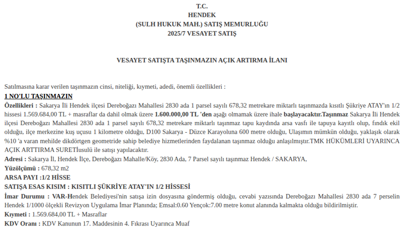Arsa/Arazi - SAKARYA HENDEK - 678,32 m²