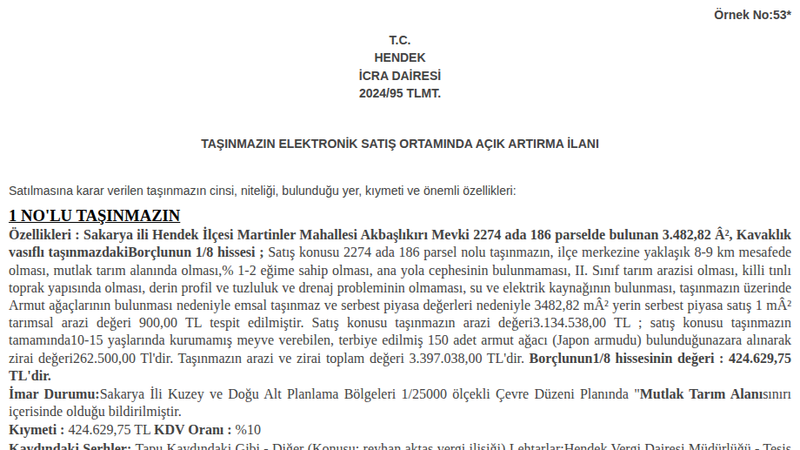 Arsa/Arazi - SAKARYA HENDEK - 3.482,82 m²