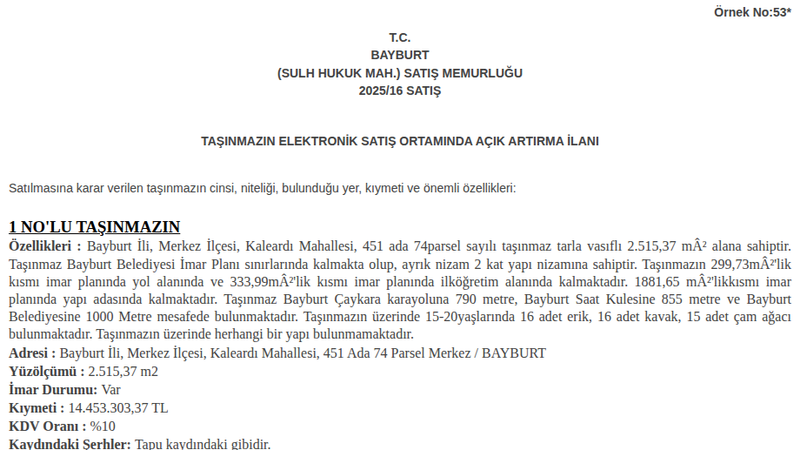 Satılık Tarla - Bayburt Merkez