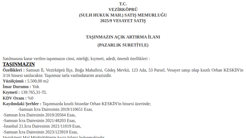 Arsa/Arazi - SAMSUN VEZİRKÖPRÜ - 500 m²
