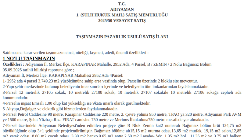 Arsa/Arazi - ADIYAMAN MERKEZ - 749,23 m²
