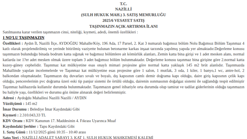 Konut - AYDIN NAZİLLİ - 145 m²