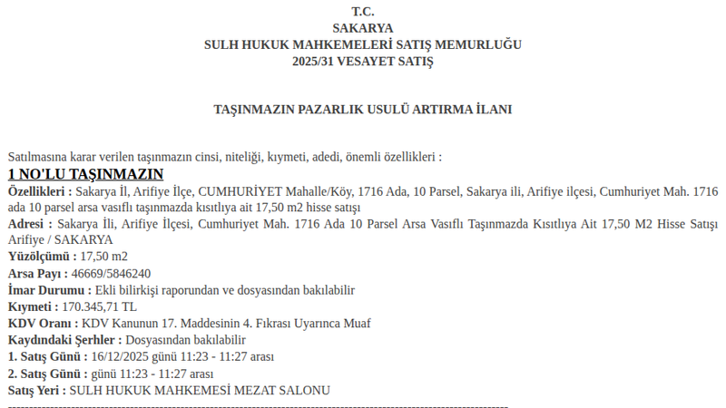 Arsa/Arazi - SAKARYA ARİFİYE - 17,50 m²