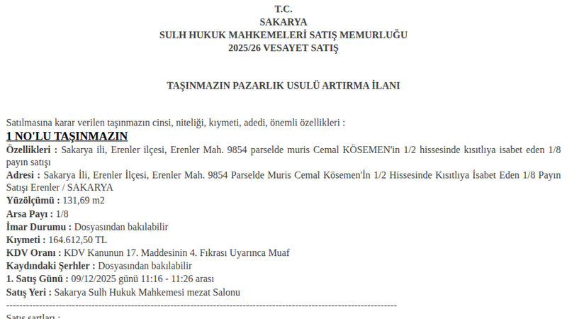 Arsa/Arazi - SAKARYA ERENLER - 131,69 m²