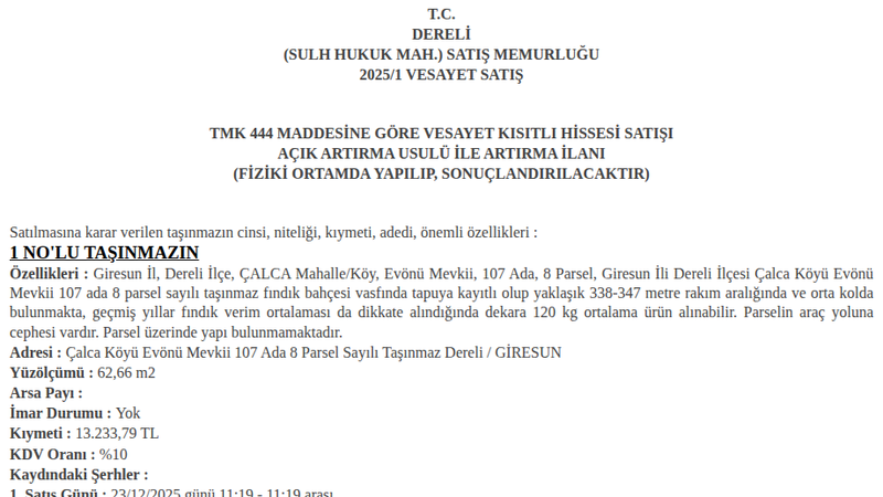 Arsa/Arazi - GİRESUN DERELİ - 62,66 m²
