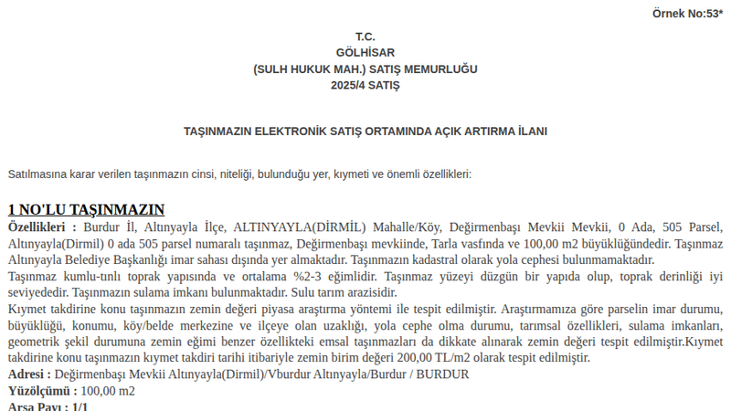 Arsa/Arazi - BURDUR ALTINYAYLA - 100 m²