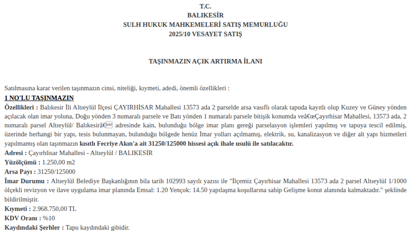 Arsa/Arazi - BALIKESİR ALTIEYLÜL - 250 m²