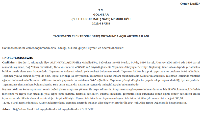 Arsa/Arazi - BURDUR ALTINYAYLA - 945 m²
