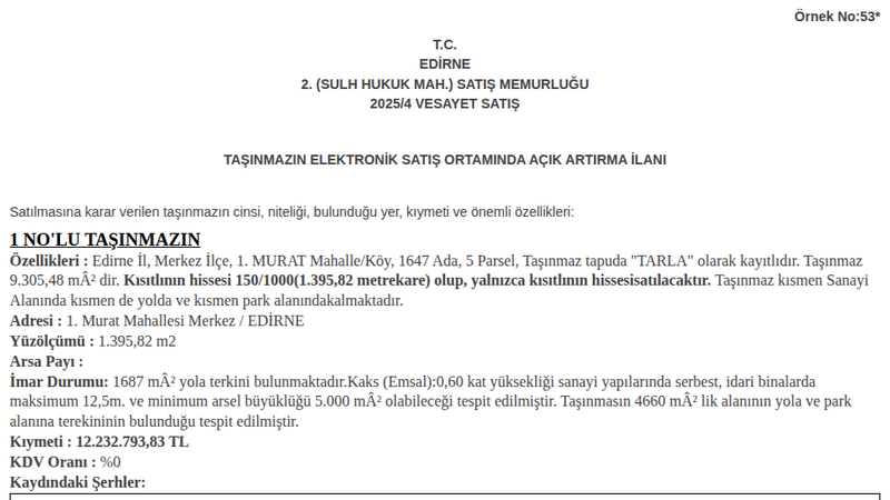 Arsa/Arazi - EDİRNE MERKEZ - 305,48 m²