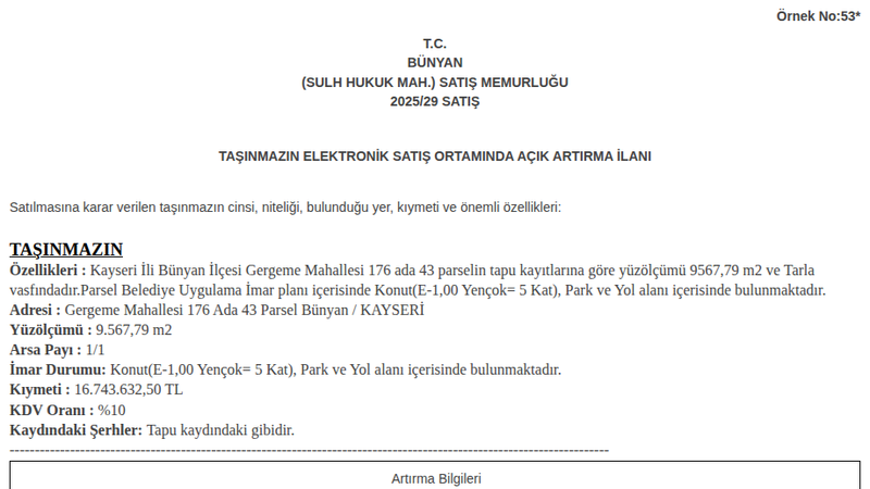Konut - KAYSERİ BÜNYAN - 9.567,79 m²