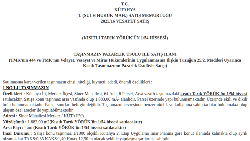 Konut - KÜTAHYA MERKEZ - 883 m²