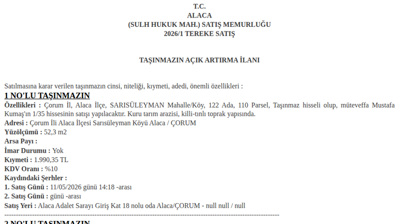 Satılık Arsa/Arazi - Çorum Alaca