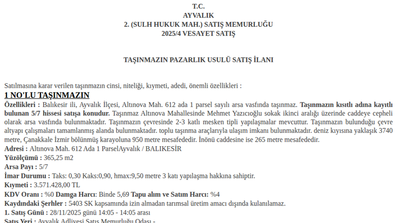 Konut - BALIKESİR AYVALIK - 365,25 m²