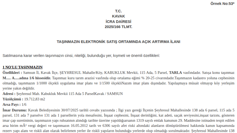Satılık Tarla - Samsun Kavak