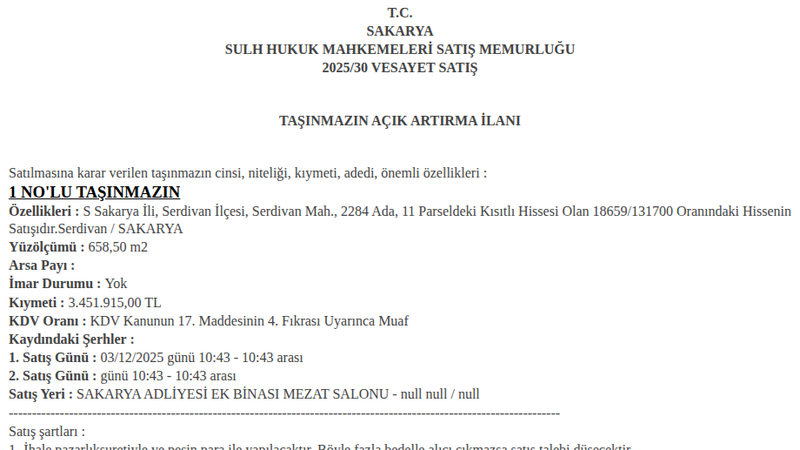 Arsa/Arazi - SAKARYA SERDİVAN - 658,50 m²