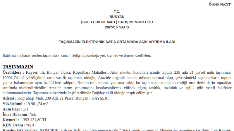 Arsa/Arazi - KAYSERİ BÜNYAN - 19.901,74 m²
