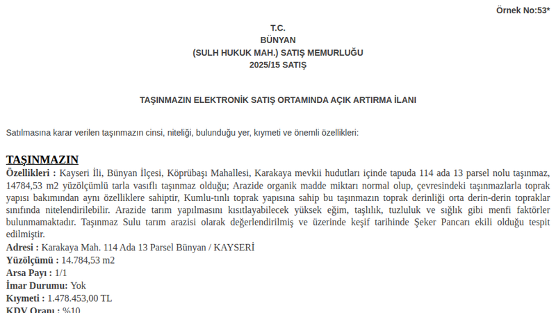 Arsa/Arazi - KAYSERİ BÜNYAN - 14.784,53 m²