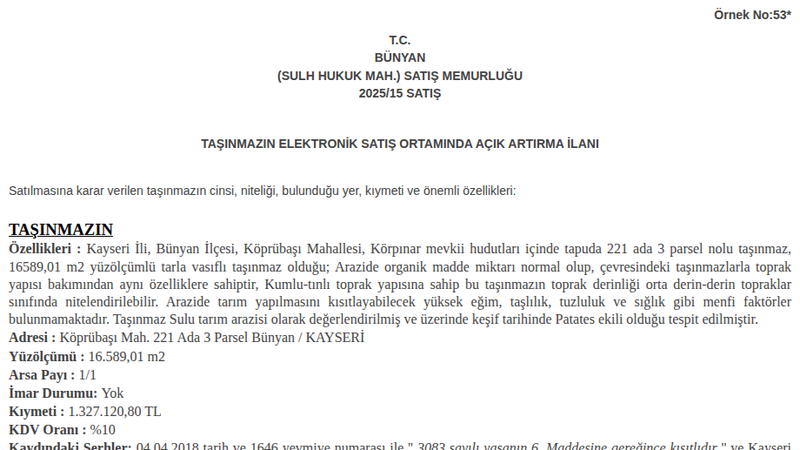 Arsa/Arazi - KAYSERİ BÜNYAN - 16.589,01 m²