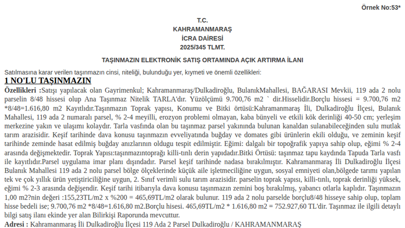Arsa/Arazi - KAHRAMANMARAŞ DULKADİROĞLU - 700,76 m²