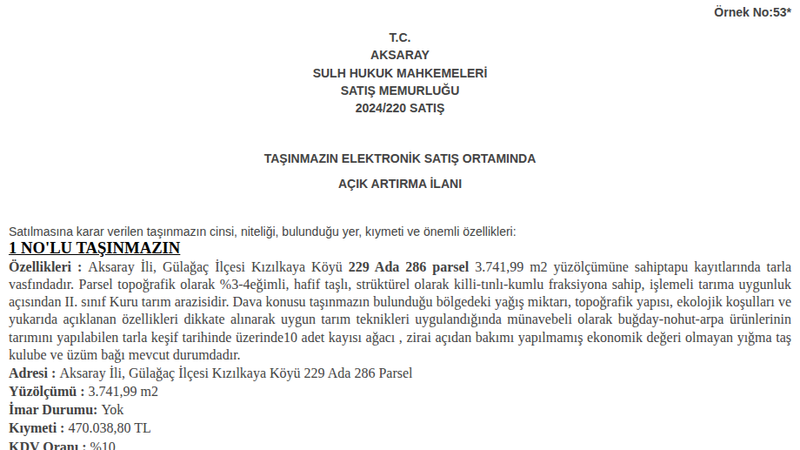 Satılık Tarla - Aksaray Gülağaç