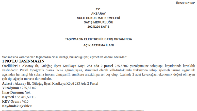 Satılık Arsa/Arazi - Aksaray Gülağaç