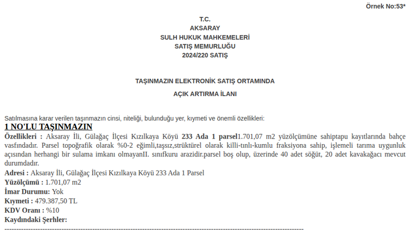 Satılık Bahçe - Aksaray Gülağaç
