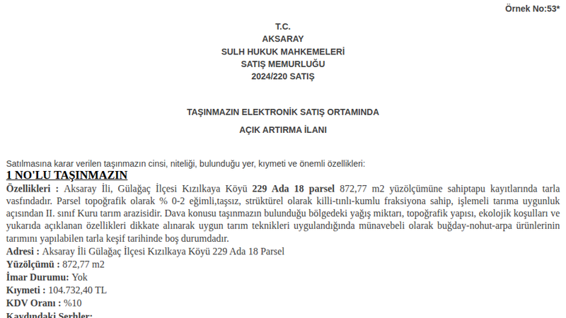 Satılık Tarla - Aksaray Gülağaç