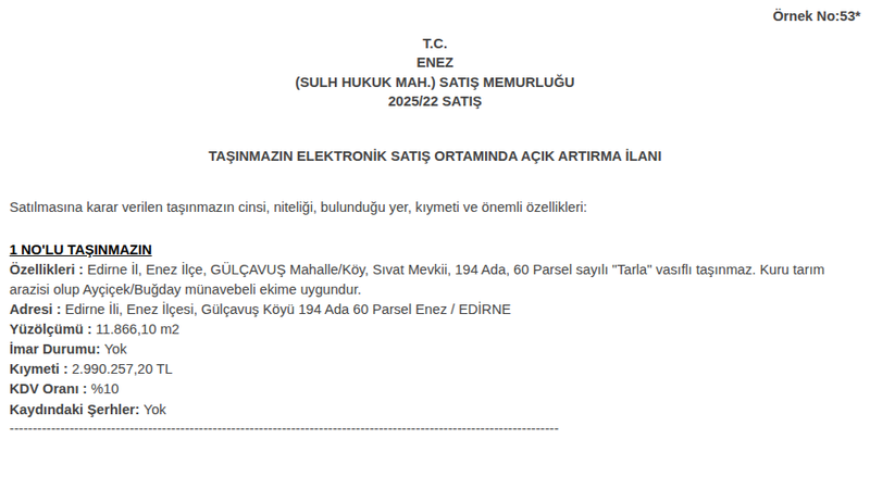 Arsa/Arazi - EDİRNE ENEZ - 866,10 m²