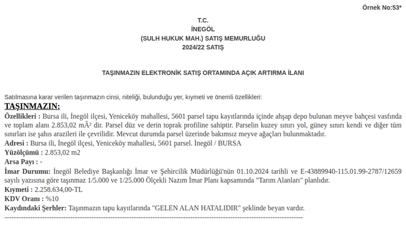 Arsa/Arazi - BURSA İNEGÖL - 853,02 m²