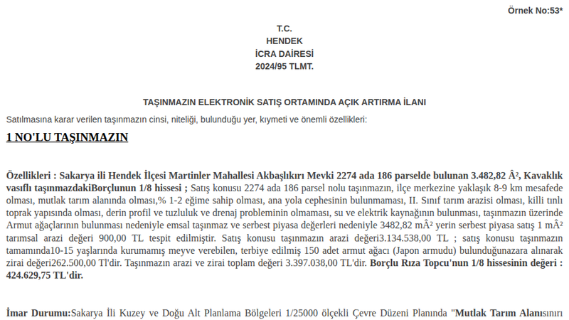 Arsa/Arazi - SAKARYA HENDEK - 3.482,82 m²