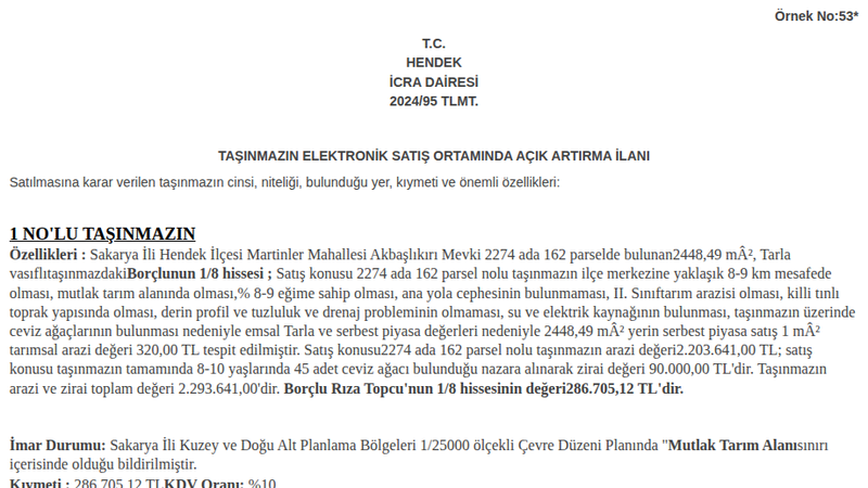 Arsa/Arazi - SAKARYA HENDEK - 2.448,49 m²