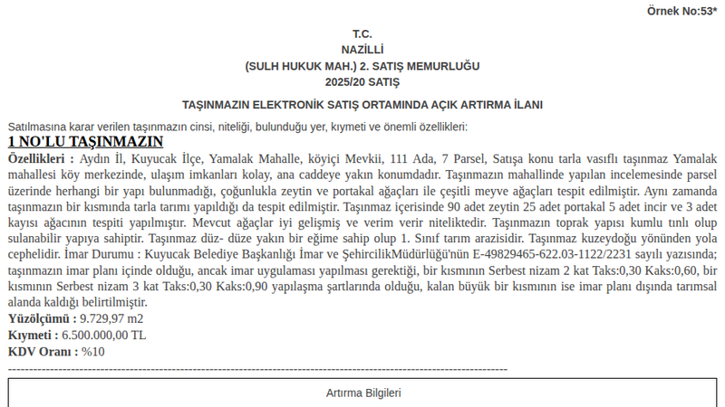 Satılık Tarla - Aydın Kuyucak