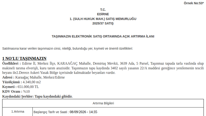 Satılık Tarla - Edirne Merkez