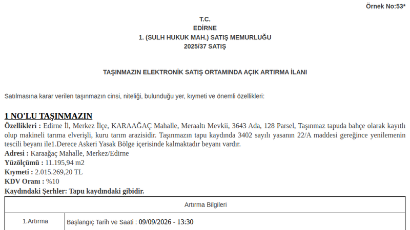 Satılık Bahçe - Edirne Merkez