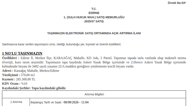 Satılık Tarla - Edirne Merkez