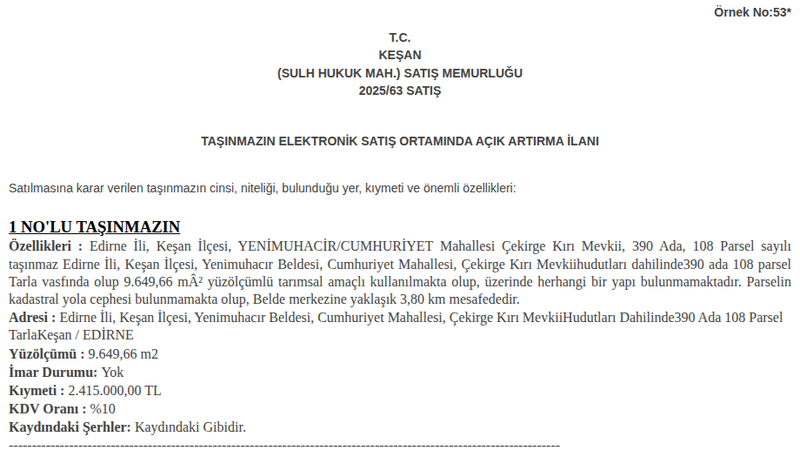 Satılık Tarla - Edirne Keşan
