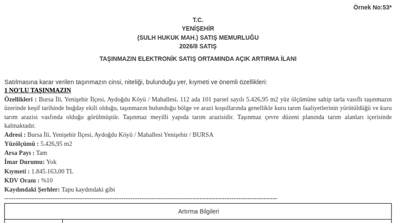 Arsa/Arazi - BURSA YENİŞEHİR - 426,95 m²