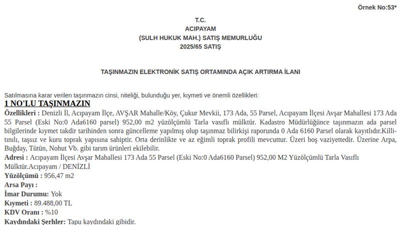 Arsa/Arazi - DENİZLİ ACIPAYAM - 952 m²