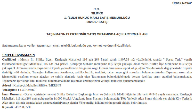 Satılık Tarla - Mersin Silifke