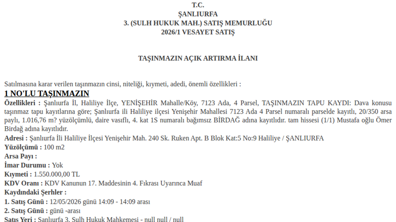 Satılık Daire - Şanlıurfa Haliliye