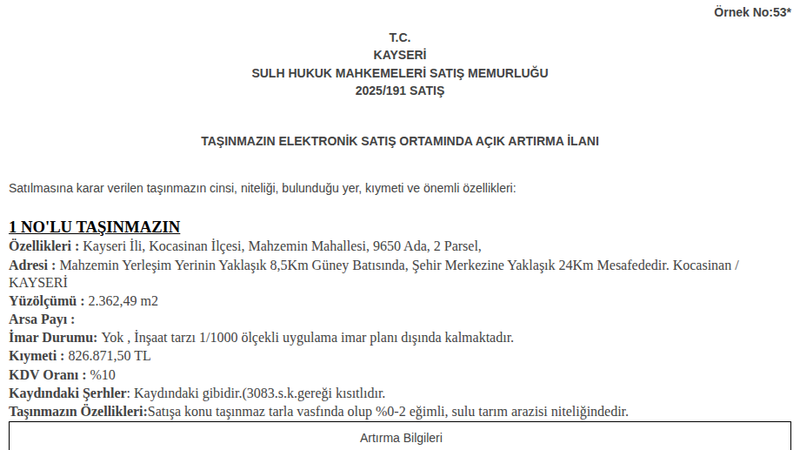 Satılık Tarla - Kayseri Kocasinan