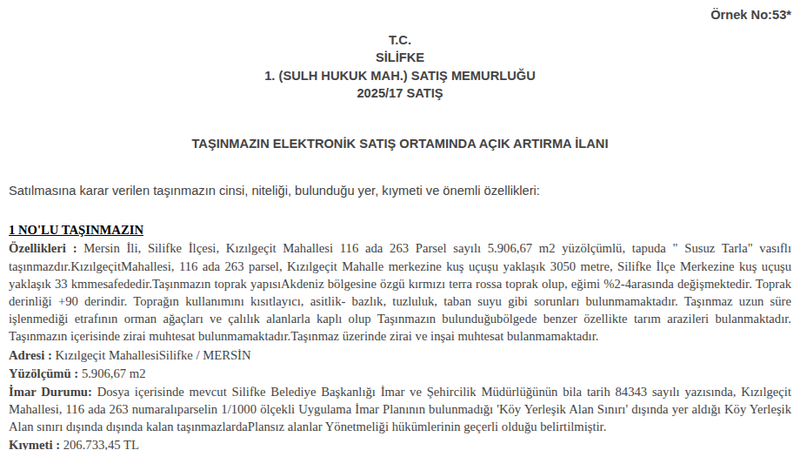 Satılık Tarla - Mersin Silifke