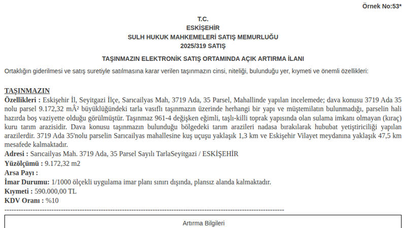 Satılık Tarla - Eskişehir Seyitgazi