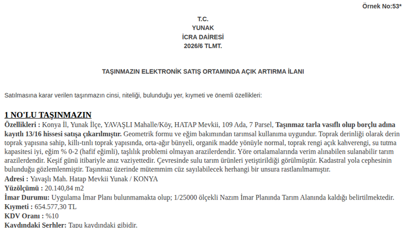 Satılık Tarla - Konya Yunak