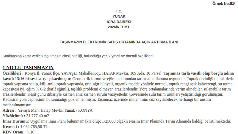 Satılık Tarla - Konya Yunak