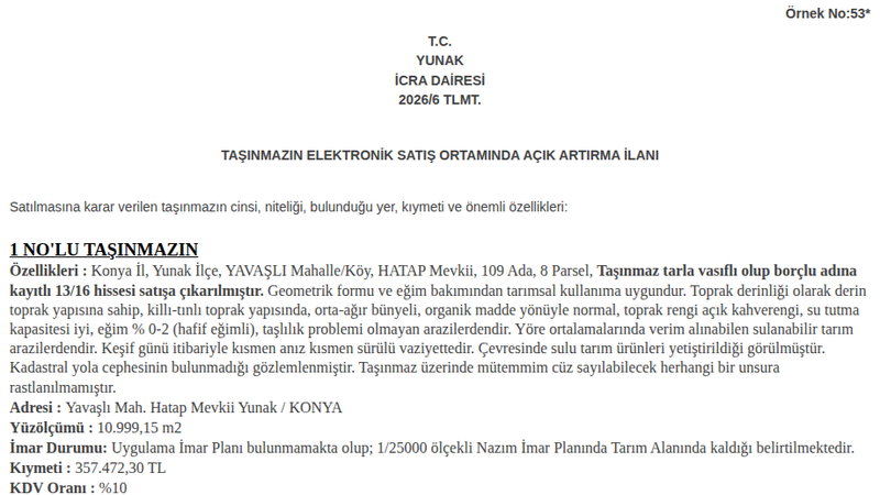 Satılık Tarla - Konya Yunak