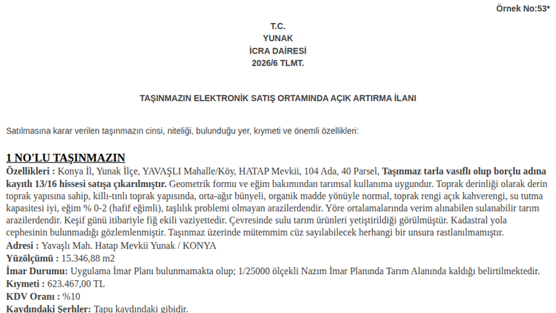 Satılık Tarla - Konya Yunak